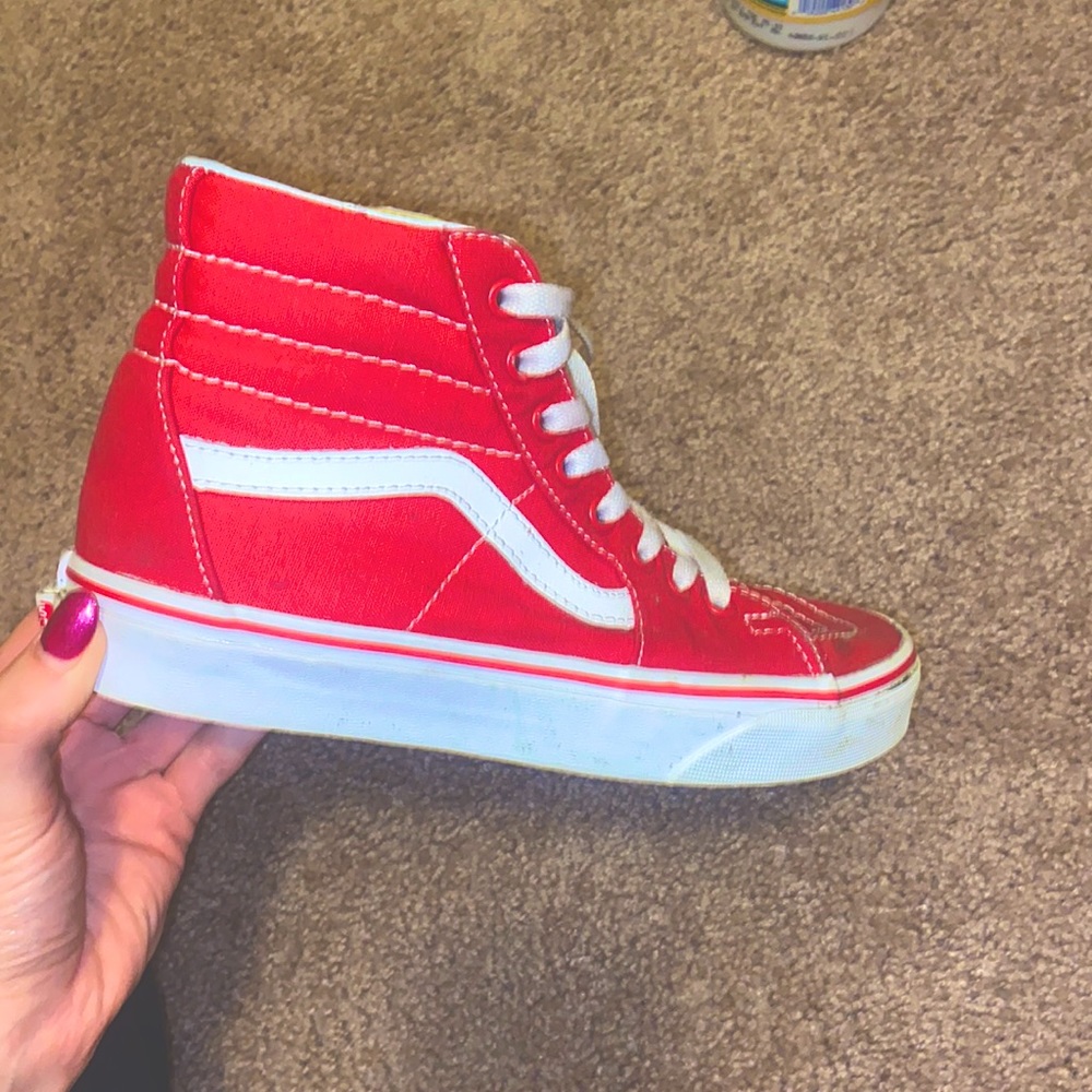 Red high top vans with white trims and lacing!